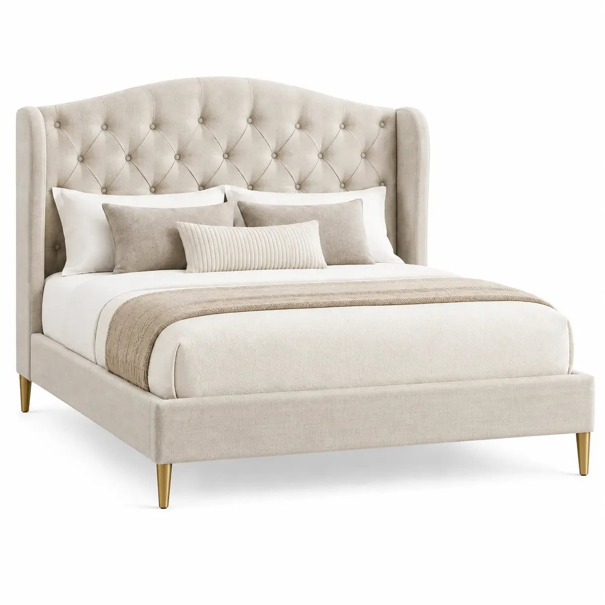Estructura de cama con cabecero con botones decorativos, beige y marrón