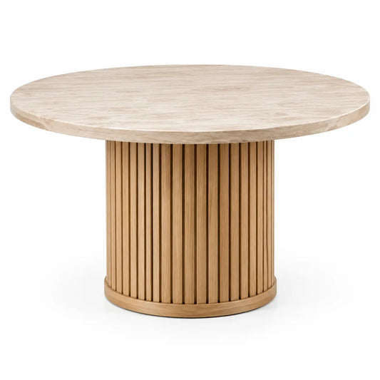 Mesa de comedor de contorno redondeado, beige y marrón