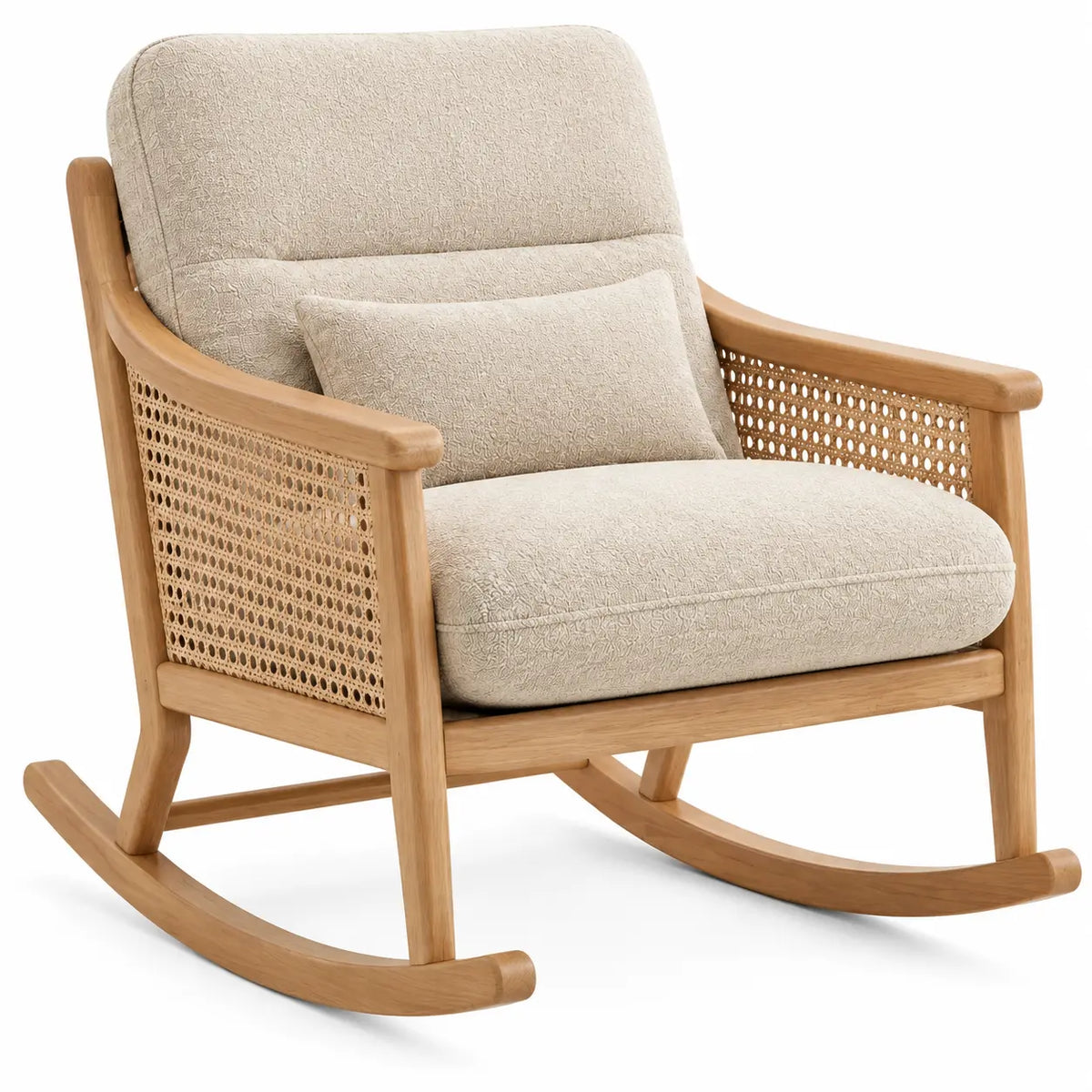 Mecedora tapizada con detalles de entramado, beige y marrón