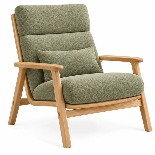 Sillón tapizado con respaldo alto, verde y marrón