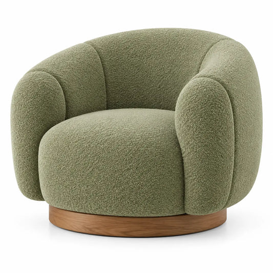 Sillón tapizado de líneas curvas de contorno redondeado, verde y marrón