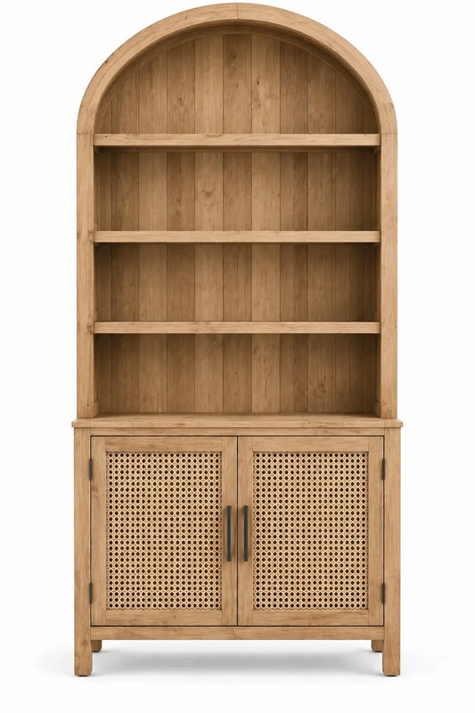 Estantería con almacenamiento con formas arqueadas y detalles de entramado, marrón